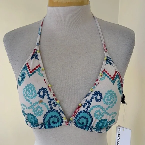 NWT! HEMANT & NANDITA printed size L off white Ananda two piece halter swim suit